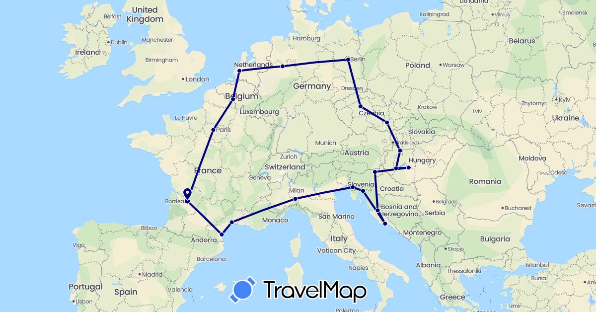 TravelMap itinerary: driving in Belgium, Czech Republic, Germany, France, Croatia, Hungary, Italy, Netherlands, Slovenia (Europe)